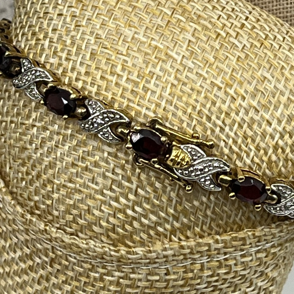 Vintage Sterling Silver 925 Garnet Bracelet 7.5” Estate 15.9g Two-Tone Design - Picture 3 of 17